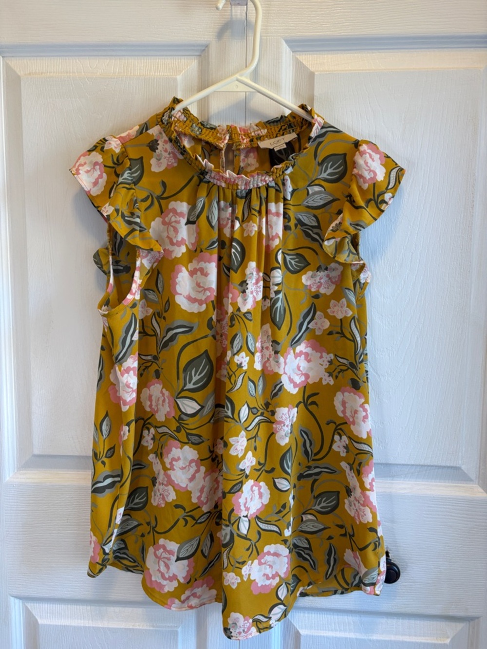 LOFT Mustard Floral Smocked Neck Blouse